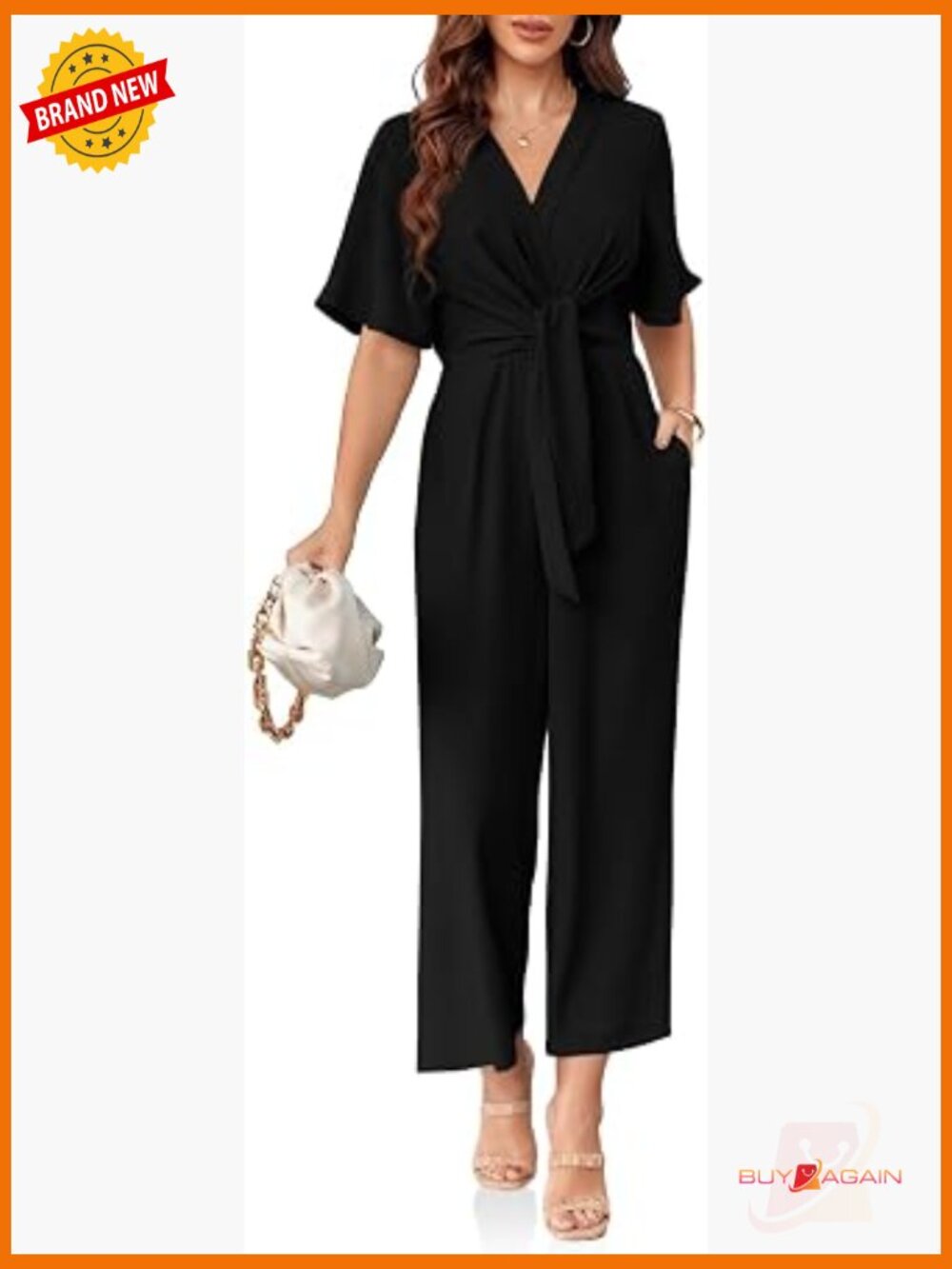 V Neck Short Sleeve Wide Leg Jumpsuit Chiffon